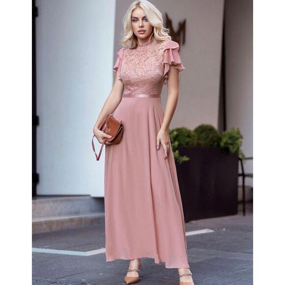 Womens Dusty Pink Floral Lace Butterfly Sleeve High Neck Maxi Formal Dress Small - Picture 4 of 16